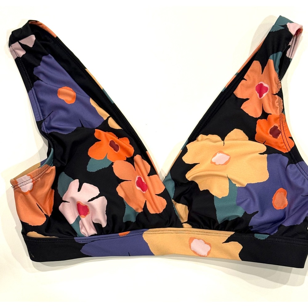 ModCloth Women Floral Triangle Bikini Top Black Orange Retro Swim Small